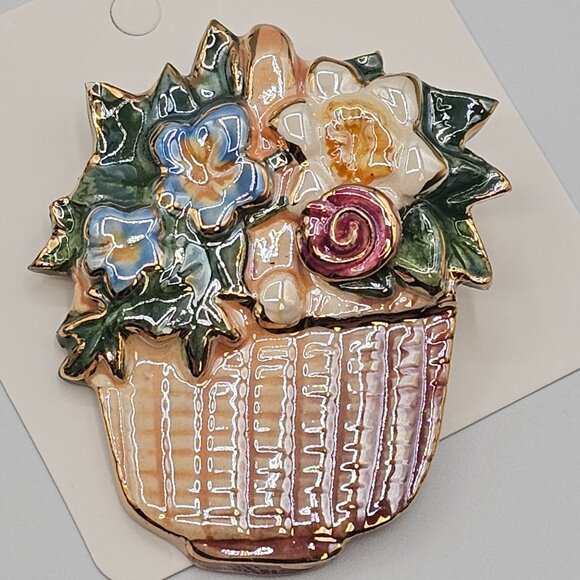 VTG Brooch Handpainted Ceramic Floral Basket Cottage Granny Core Boho Summer Pin - Picture 5 of 15